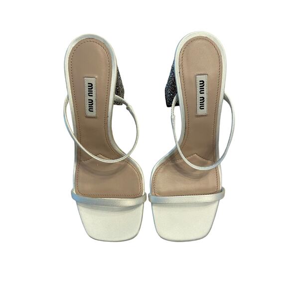 Miu Miu Forma Raso Glitter Block Heels Sandals Square Toe Bianco Argento Sz 39.5 - Picture 6 of 13
